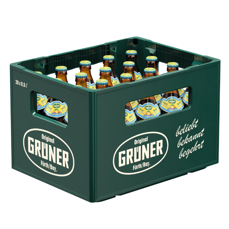 Eine grüne Getränkekiste mit 20 Flaschen Natur Radler Alkoholfrei mit gelb-blauem Etikett