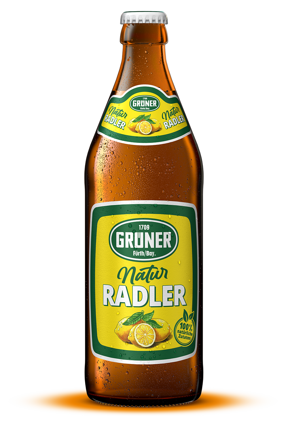 Eine braune Flasche mit kondensierendem Wasser und gelb-grünem Etikett – Sorte Vollbier Hell von Grüner Biere
