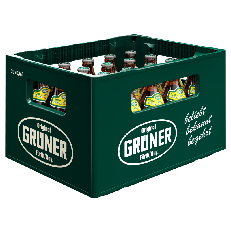 Eine grüne Getränkekiste mit 20 Flaschen Natur Radler mit gelb-grünem Etikett