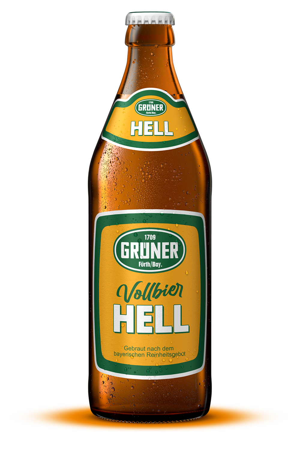 Eine braune Flasche mit kondensierendem Wasser und gelb-grünem Etikett – Sorte Vollbier Hell von Grüner Biere