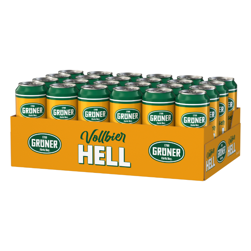 Ein orangener Dosentray mit 24 Orange-grünen Vollbier Hell Dosen von Grüner Bier