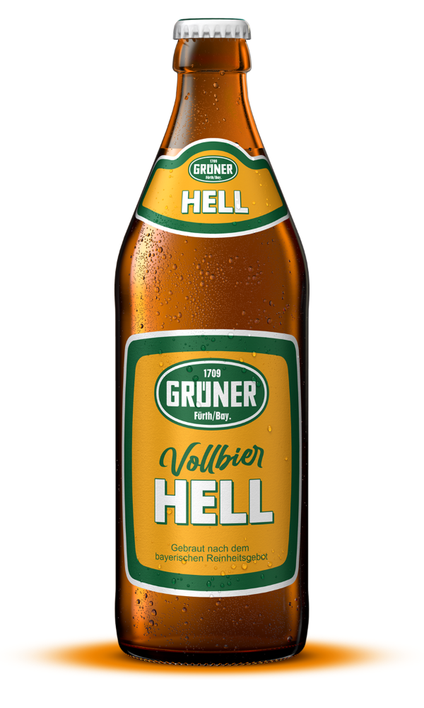 Eine braune Flasche mit kondensierendem Wasser und gelb-grünem Etikett – Sorte Vollbier Hell von Grüner Biere
