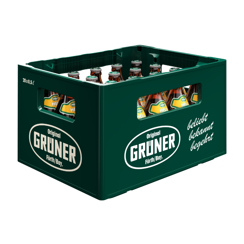 Eine grüne Getränkekiste mit 20 Flaschen Grüner Vollbier Hell