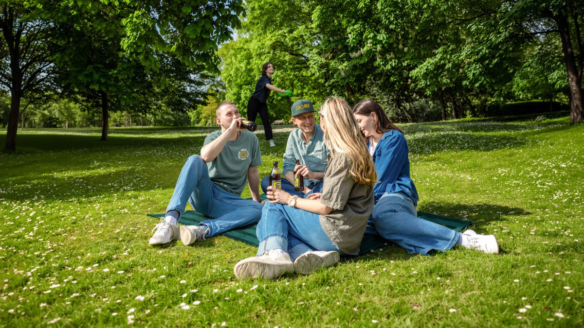 Verschiedene Personen sitzen entspannt auf einer Wiese im Park und trinken ein Bier bei gutem Wetter. Im Hintergrund wirft eine Frau eine Frisbee.