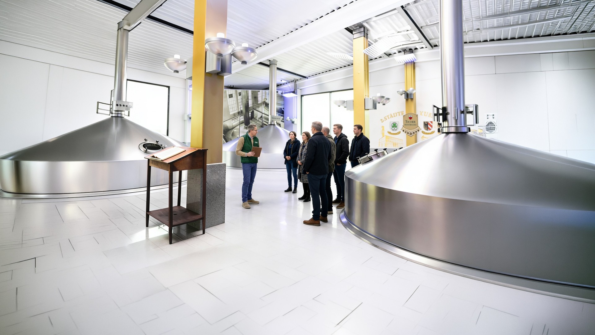Besucher und ein Brauereiführer stehen zwischen Sudkesseln im Zwei-Städte-Sudhaus.